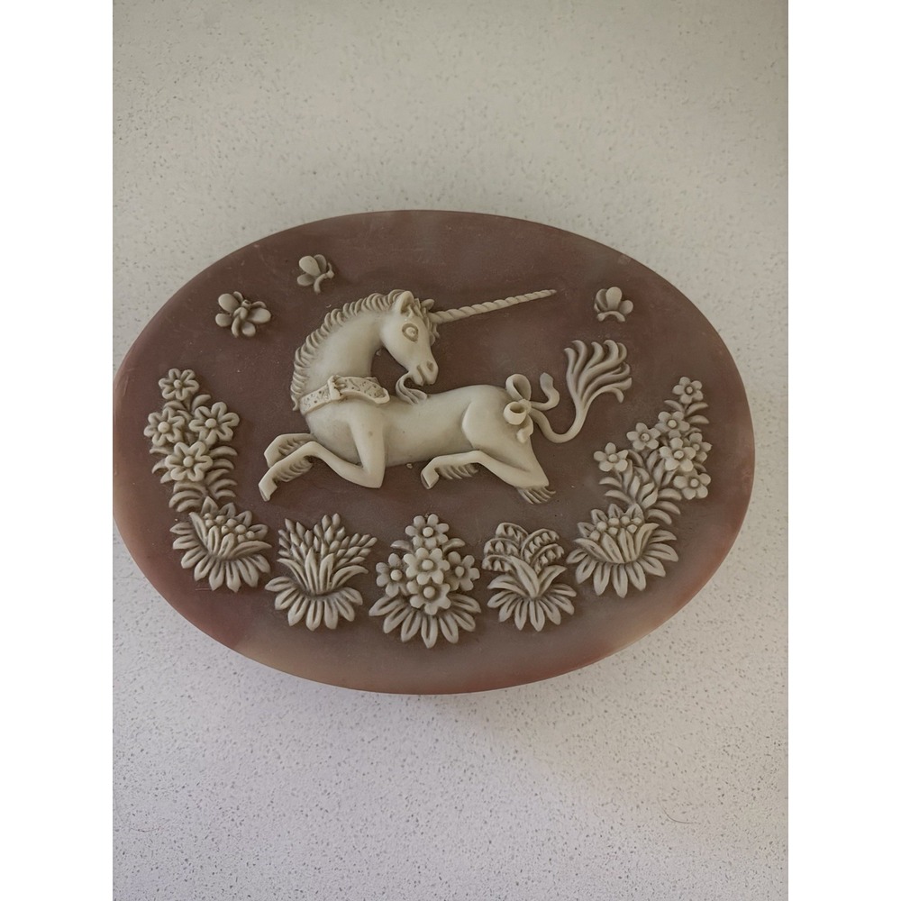 Vintage Genuine Incolay Stone 5" x7" Oval Trinket Box-unicorn & floral